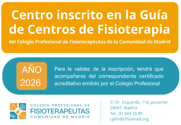 Centro inscrito en la Guía de Centros de Fisioterapia del Colegio Profesional de Fisioterapeutas de la Comunidad de Madrid, año 2026